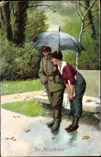 Künstler Ak Der Unterstand, Soldat hält Frau den Regenschirm, Immer Fachmann, I. WK