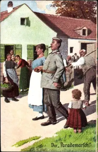 Künstler Ak Der Parademarsch, Soldat stolziert mit Frau durch das Dorf, Immer Fachmann, I. WK