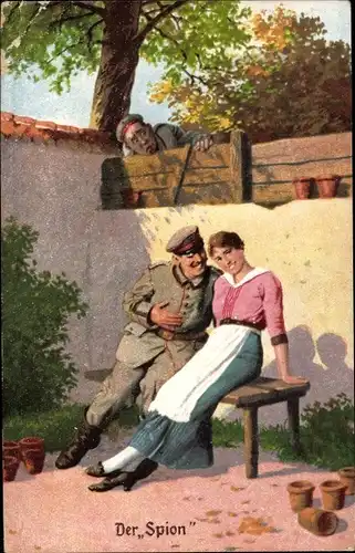 Künstler Ak Der Spion, Soldat mit einer Frau, Zuschauer, Immer Fachmann