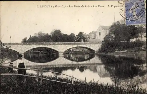 Ak Seiches Maine et Loire, Les Ponts, Les Bords du Loir
