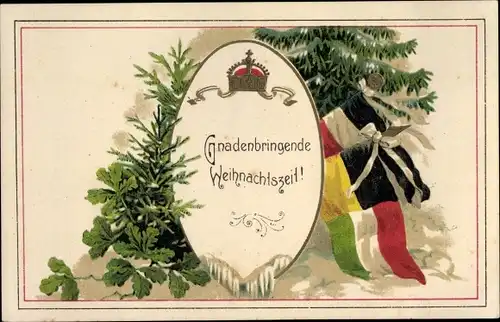 Litho Glückwunsch Weihnachten, Fahnen, Eichenlaub, Gnadenbringende Weihnachtszeit