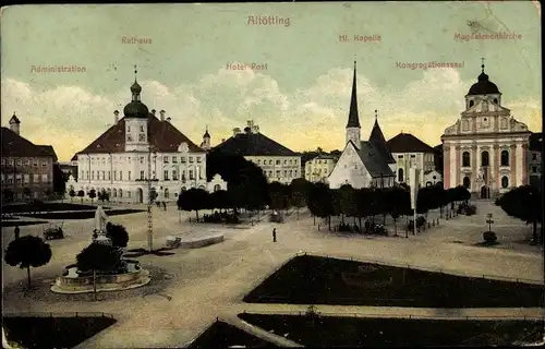 Ak Altötting in Oberbayern, Magdalenenkirche, Kongregationssaal, Kapelle, Hotel Post, Rathaus