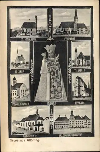 Ak Altötting in Oberbayern, Gnadenbild, Stiftskirche, Kapelle, Englisches Fräulein Institut