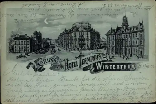 Mondschein Litho Winterthur Kt. Zürich Schweiz, Hotel Terminus