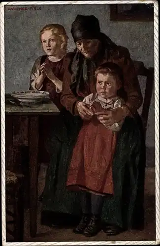 Künstler Ak Firle, Walther, Frau mit zwei betenden Mädchen