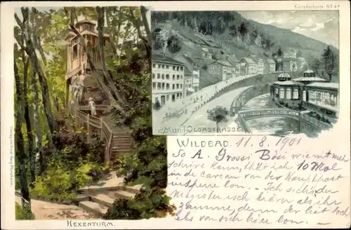 Künstler Litho Bad Wildbad im Schwarzwald, Olgastraße, Hexenturm