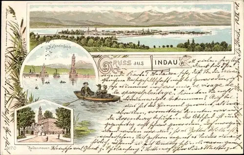 Litho Lindau am Bodensee Schwaben, Hafeneinfahrt, Heidenmauer, Blick auf den Ort