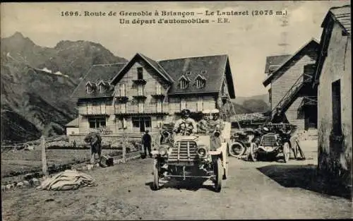 Ak Col de Lautaret Hautes Alpes, Route de Grenoble a Briancon, depart d'automobiles