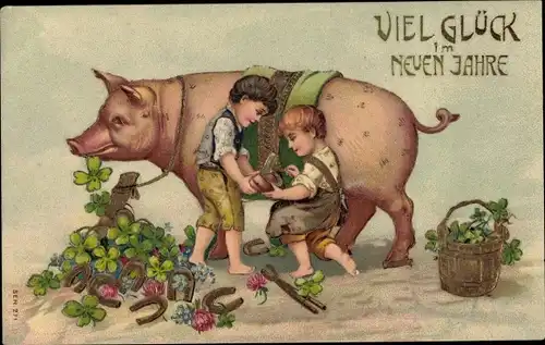 Präge Gold Litho Glückwunsch Neujahr, Kinder, Hufeisen, Schwein, Kleeblatt