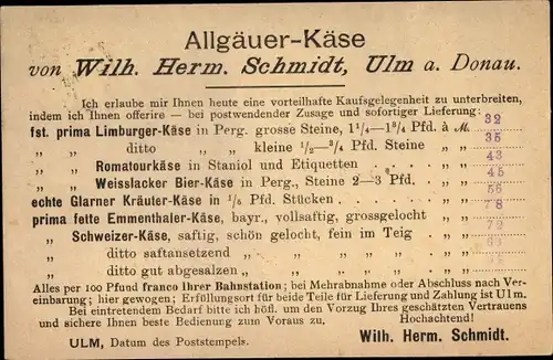 Ak Ulm an der Donau, Allgäuer Käse von Wilh. Herm. Schmidt, Verkaufsangebot