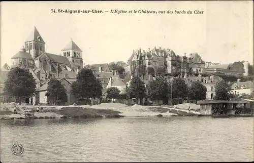 Ak Saint Aignan sur Cher Loir et Cher, Blick nach Schloss und Kirche
