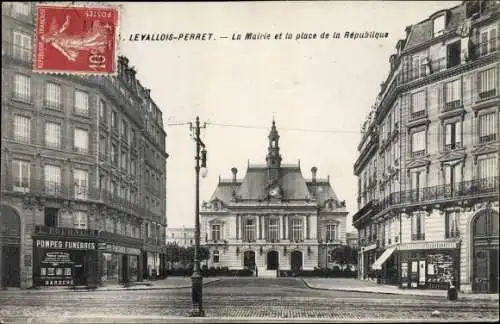 Ak Levallois Perret Hauts de Seine, La Mairie et la place de la République