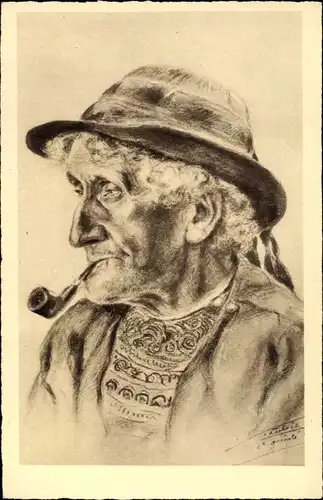 Künstler Ak Tetes de Bretagne, Älterer Mann in Tracht am Rauchen, Portrait