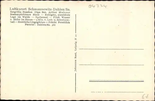 Ak Schmannewitz Dahlen in Sachsen, Pension Olga