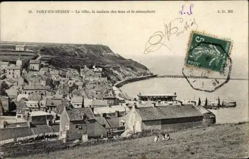 Ak Port en Bessin Calvados, La ville, la maison des feux et le sémaphore