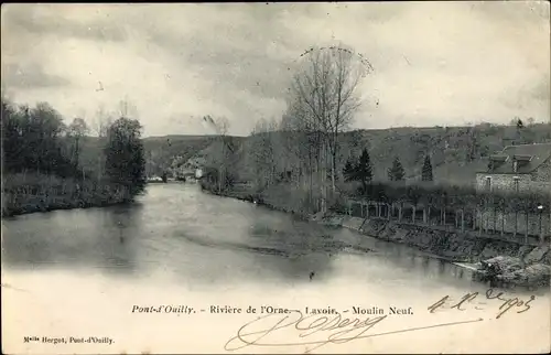 Ak Pont d Ouilly Calvados, Rivière de l'Orne, Lavoir, Moulin Neuf
