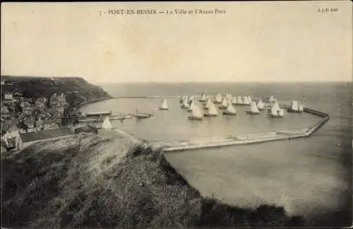 Ak Port en Bessin Calvados, La Ville et l'Avant Port