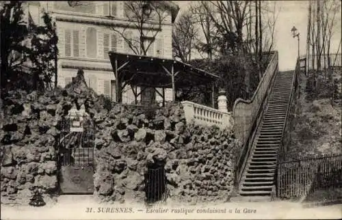 Ak Suresnes Hauts de Seine, Escalier rustiqué conduisant à la Gare