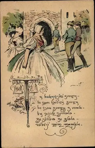 Künstler Ak Frauen und Männer in tschechischen Trachten