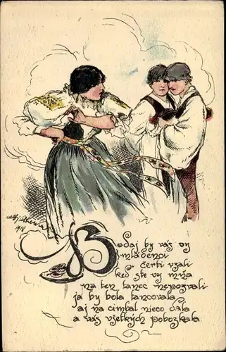 Künstler Ak Frau und Männer in tschechischen Trachten