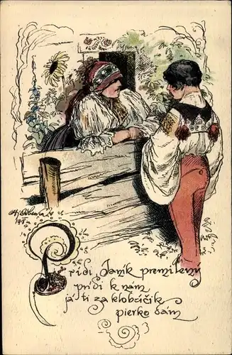 Künstler Ak Mann und Frau in tschechischen Trachten