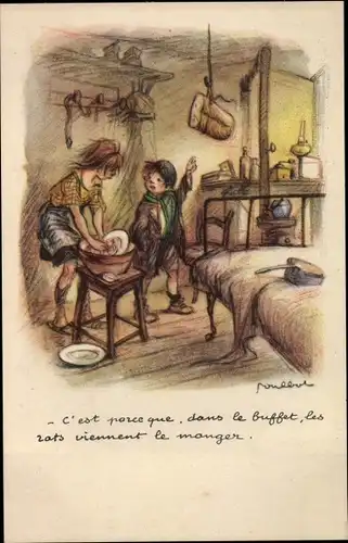 Künstler Ak Poulbot, Francisque, Mädchen wäscht Geschirr ab, Brot hängt an der Decke