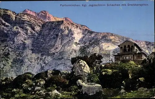 Ak Garmisch Partenkirchen in Oberbayern, Königliches Jagdschloss Schachen, Dreithorspitze