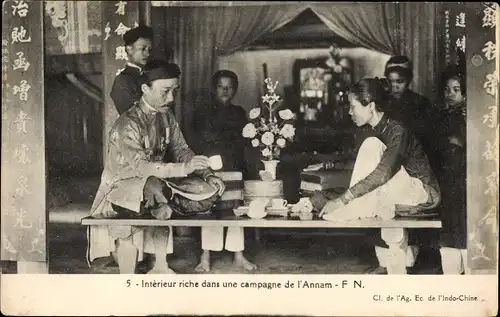 Ak Annam Vietnam, Intérieur riche dans une campagne, Reiche Vietnamesen trinken Tee