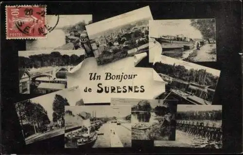 Ak Suresnes Hauts de Seine, Schleuse, Uferpartie, Brücke