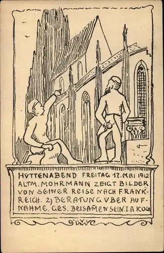 Künstler Ak Hüttenabend 1912, Altm. Mohrmann zeigt Bilder seiner Frankreichreise