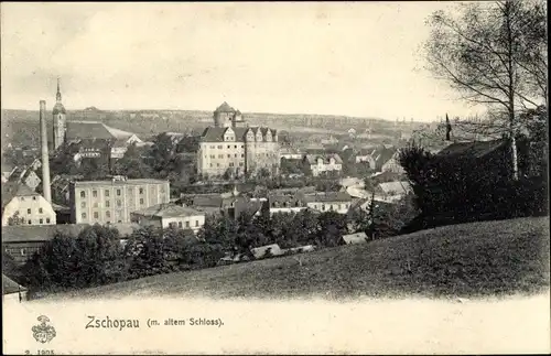 Ak Zschopau im Erzgebirge Sachsen, Blick auf den Ort mit altem Schloss