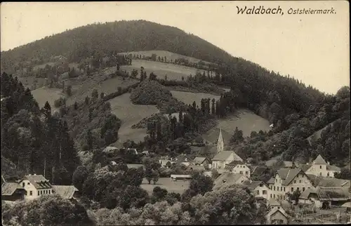 Ak Waldbach Steiermark, Totalansicht der Ortschaft, Berg, Wald, Kirche