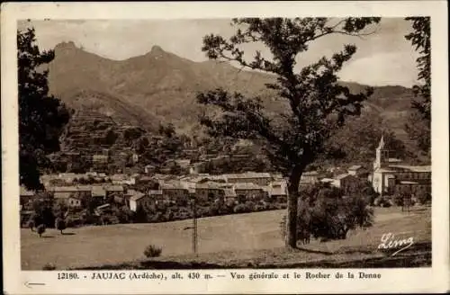 Ak Jaujac Ardèche, Vue générale et le Rocher de la Donne