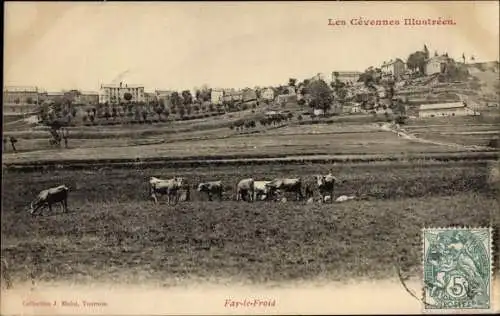 Ak Fay le Froid Ardèche, Blick auf den Ort, Rinder