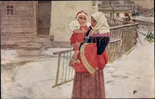 Ak Glückwunsch Weihnachten, Frau mit Mädchen in tschechischen Trachten, Tannenbäume
