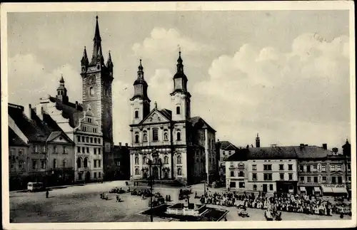 Ak Klatovy Klattau Region Pilsen, Radnice, cerna vez, Jesuitsky kostel