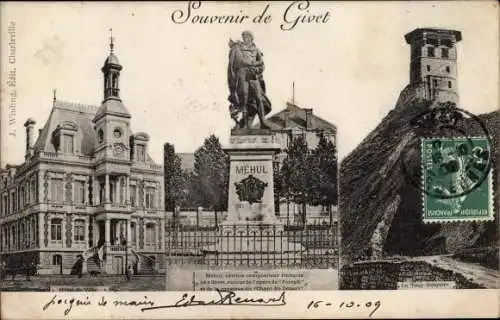 Ak Givet Ardennes, Hotel de Ville, Monument Mehul, La Tour Gregoire