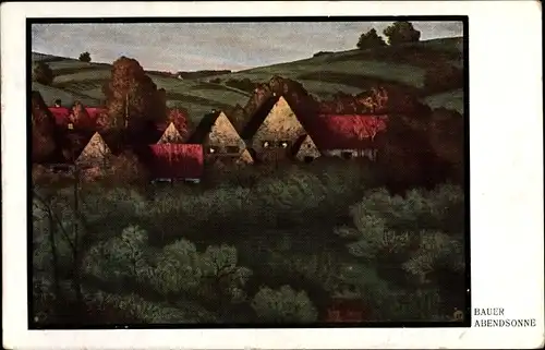 Künstler Ak Bauer, Abendsonne, Landschaft, Ortschaft