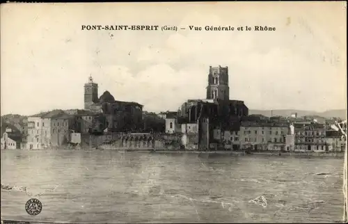 Ak Pont Saint Esprit Gard, Vue Générale et le Rhône