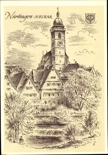 Künstler Ak Schäfer-Grohe, Ludwig, Nürtingen am Neckar, Kirche, Häuser, Wappen