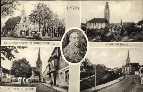 Ak Lützen im Burgenlandkreis, Gustav Adolf Denkmal, Porträt, Gedächtniskapelle, Schloss, Schule