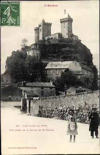 Ak Foix Ariege, Les Tours, Vue de la Route de St. Girons