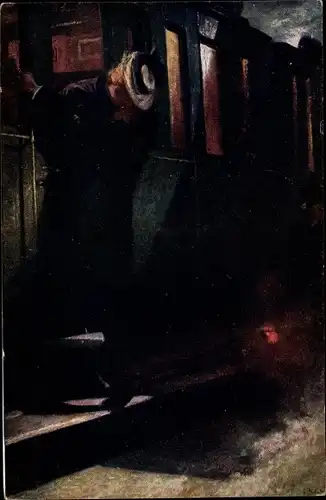 Künstler Ak Balestrieri, Le Depart, Abschied, küssendes Liebespaar, Zug