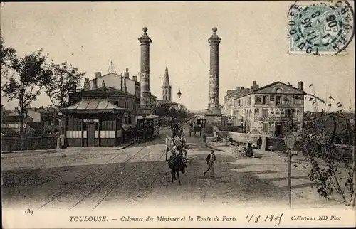 Ak Toulouse Haute Garonne, Colonnes des Minimes et la Route de Paris