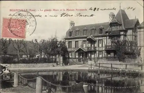 Ak Beuzeville Eure, La grande Mare et la Maison Normande
