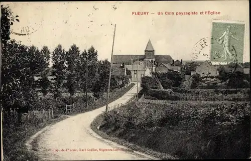 Ak Fleury la Vallée Yonne, Un Coin paysagiste et l'Eglise