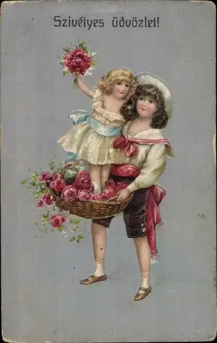 Litho Junge und Mädchen mit Rosen