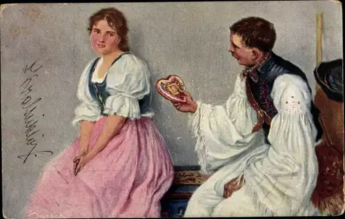 Künstler Ak Mann mit Lebkuchenherz, Frau, Liebespaar