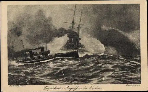 Künstler Ak Stöwer, Willy, Torpedoboot, Angriff in der Nordsee