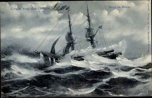 Künstler Ak Segelschiff, Brigg im Sturm